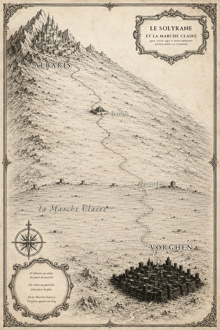 Carte gravée du monde de La Guerre du Solyrane, tome 1.